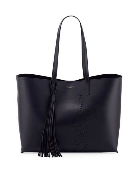 Saint Laurent Smooth Leather YSL Perforated Shopping Tote Bag